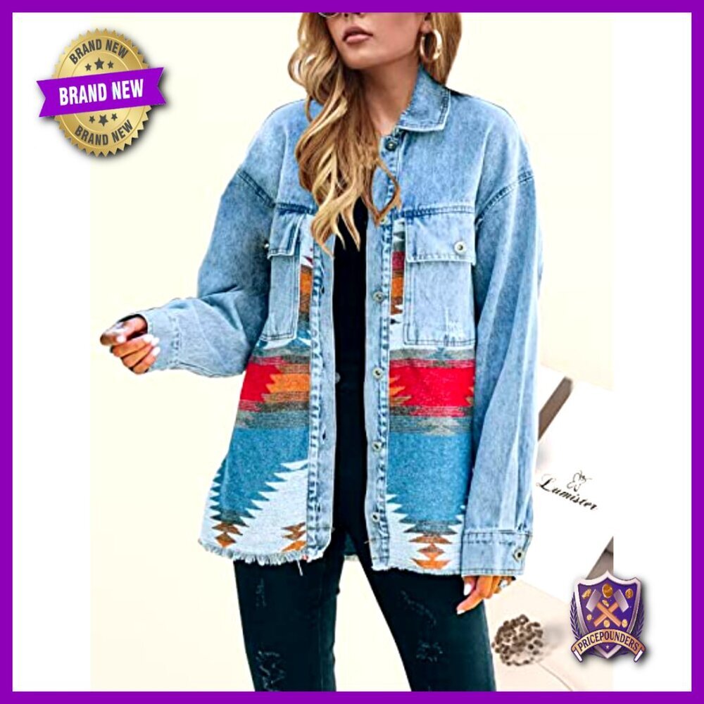 Vintage Denim Jacket Distressed Lapel Long Sleeve Button Down Shacket Boho Chic - Picture 3 of 7
